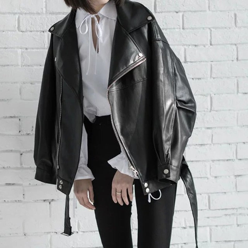 Black PU Leather Loose Turn-down Jacket