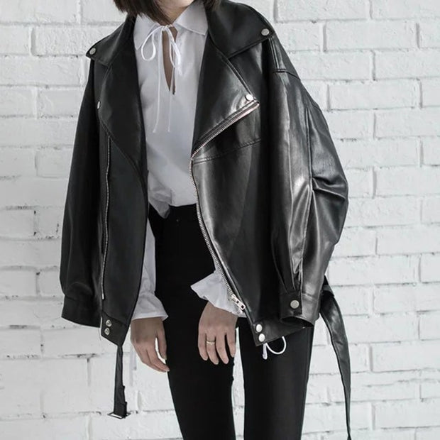 Black PU Leather Loose Turn-down Jacket