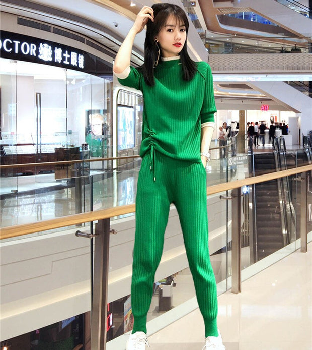Green Knitted Sweater Trousers Suits