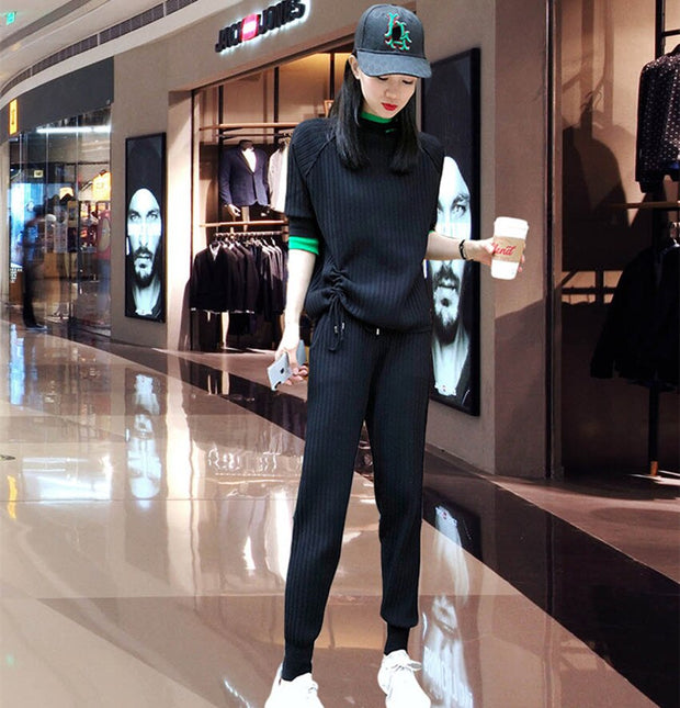 Green Knitted Sweater Trousers Suits
