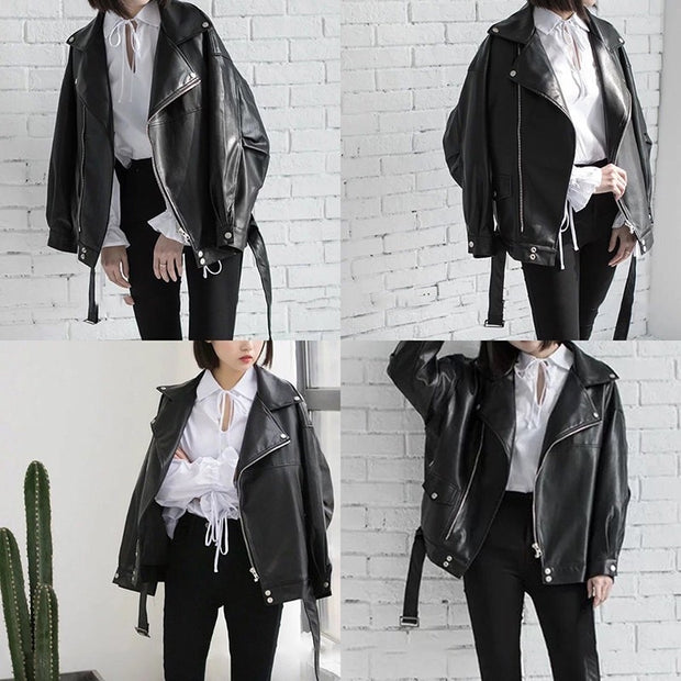 Black PU Leather Loose Turn-down Jacket