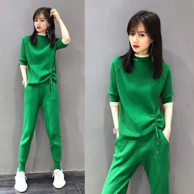 Green Knitted Sweater Trousers Suits
