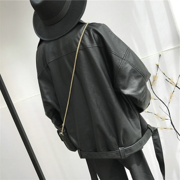 Black PU Leather Loose Turn-down Jacket