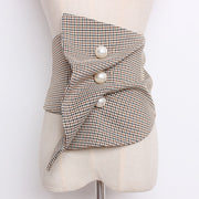 Irregular Plaid Printed Pearled Nailed Irregular Stitch Wide Belt