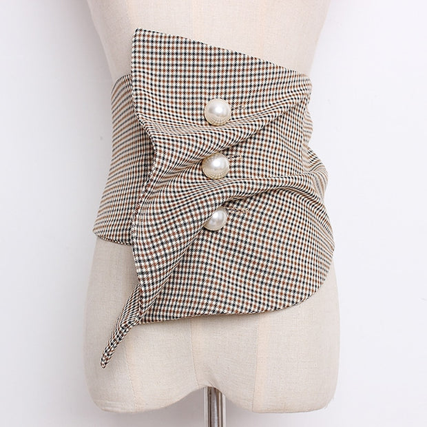 Irregular Plaid Printed Pearled Nailed Irregular Stitch Wide Belt