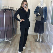 High-neck Knitted Pullover Sweater And Pants Two Piece Suit