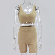Fur Two Piece Sleeveless Crop Top and High Waist Shorts