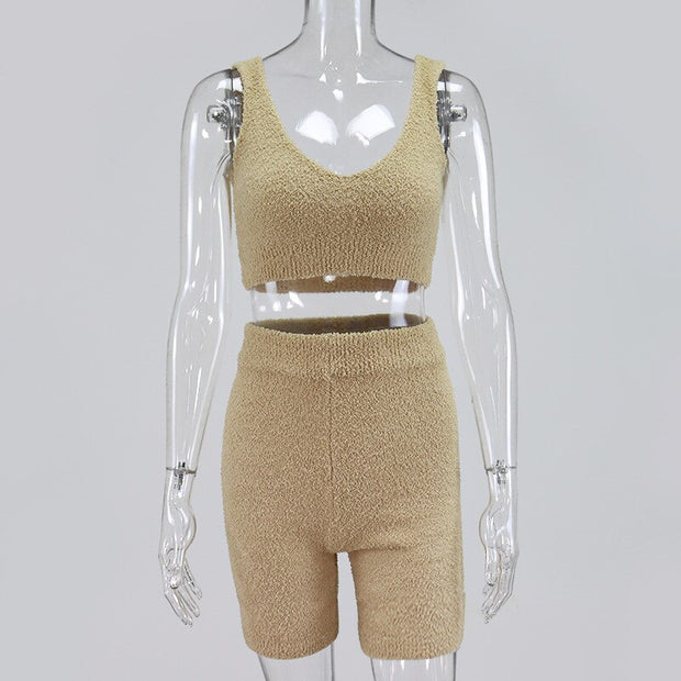 Fur Two Piece Sleeveless Crop Top and High Waist Shorts