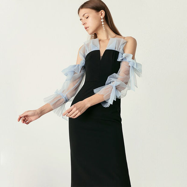Black Dress V-neck Three Quarter Sleeves