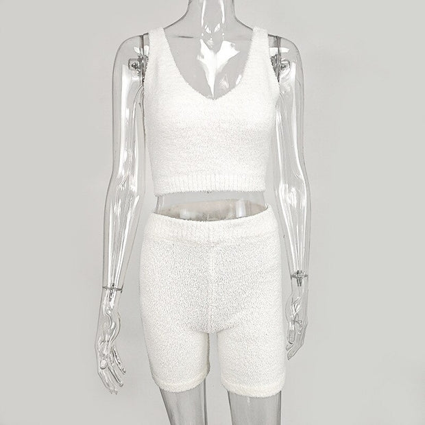 Fur Two Piece Sleeveless Crop Top and High Waist Shorts