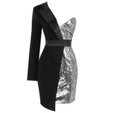 One Sleeved Sequin Crepe Tuxedo Blazer Dress