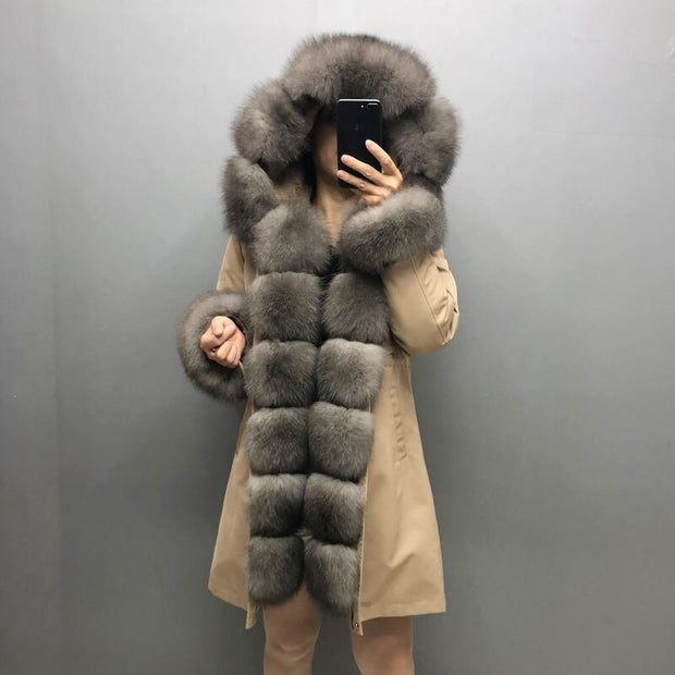 Real Fox fur fur collar hooded fur parka