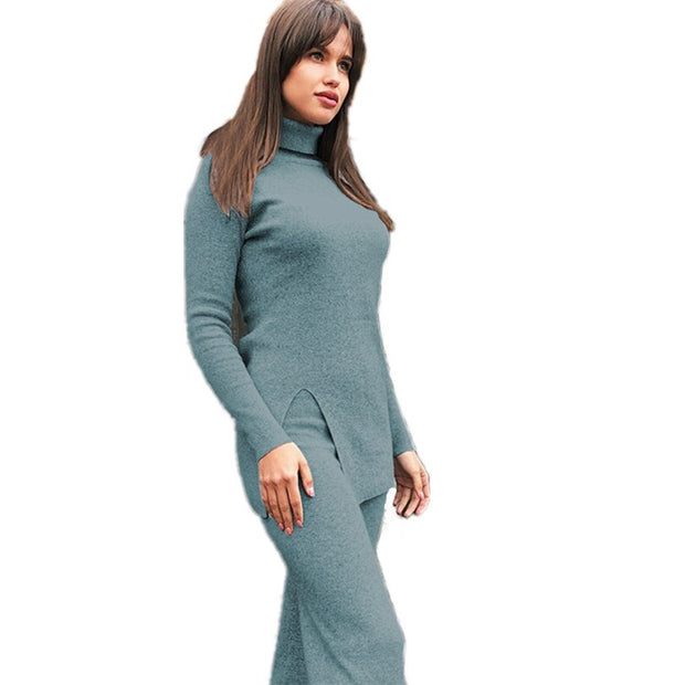High-neck Knitted Pullover Sweater And Pants Two Piece Suit