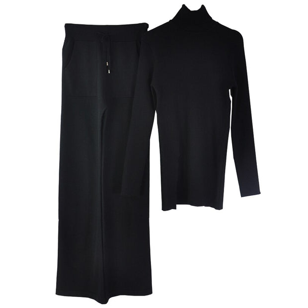 High-neck Knitted Pullover Sweater And Pants Two Piece Suit