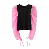 Sweet patchwork long puff sleeve top