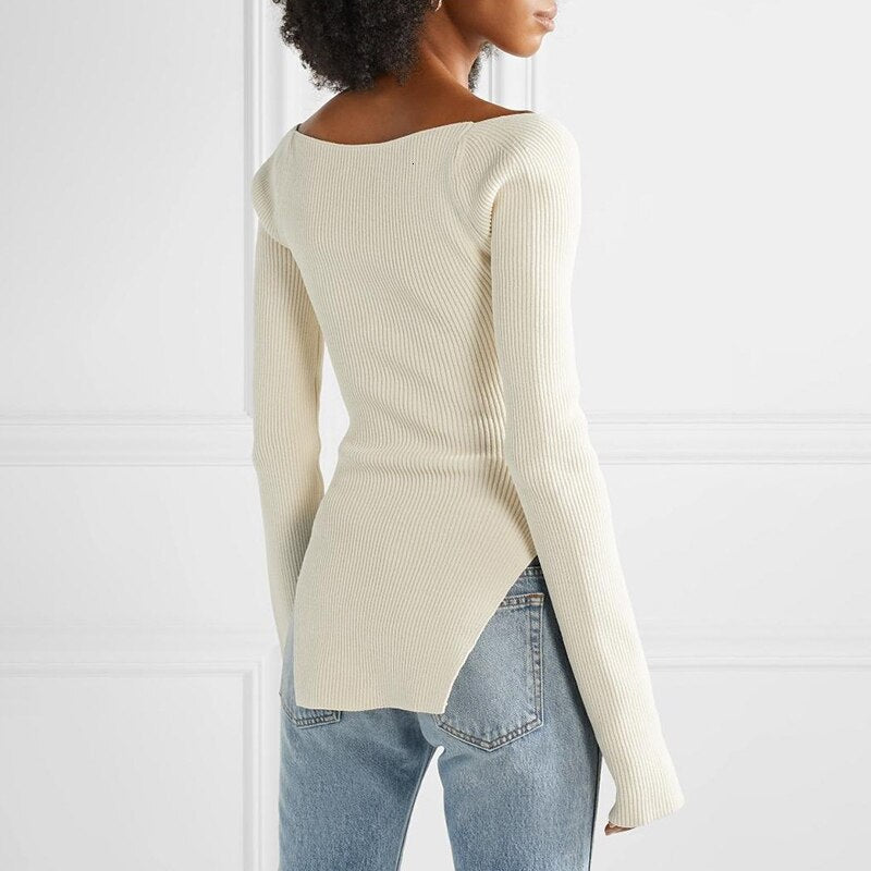 White Side Split Knitted Sweater Square Collar