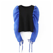 Sweet patchwork long puff sleeve top
