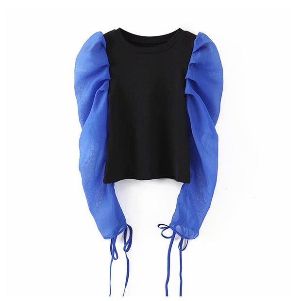 Sweet patchwork long puff sleeve top