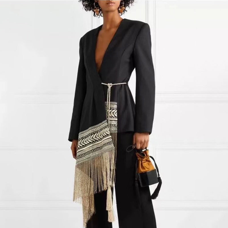 Spliced Contrast Color Tassel Belt Jacket