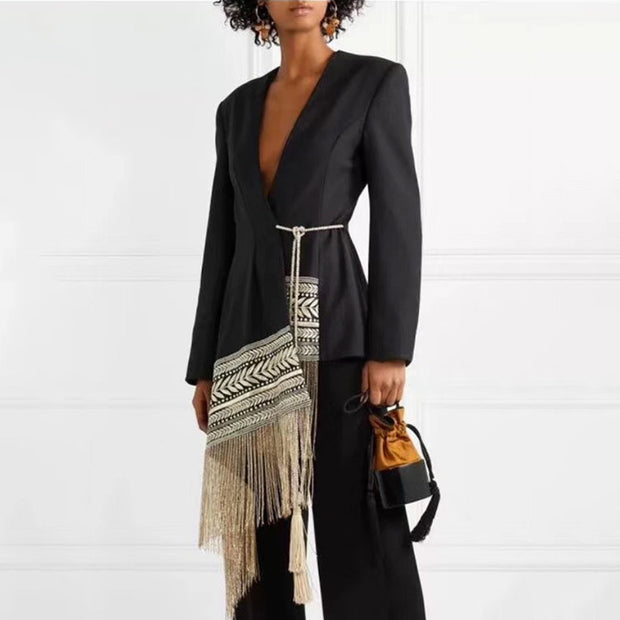 Spliced Contrast Color Tassel Belt Jacket