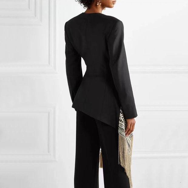 Spliced Contrast Color Tassel Belt Jacket