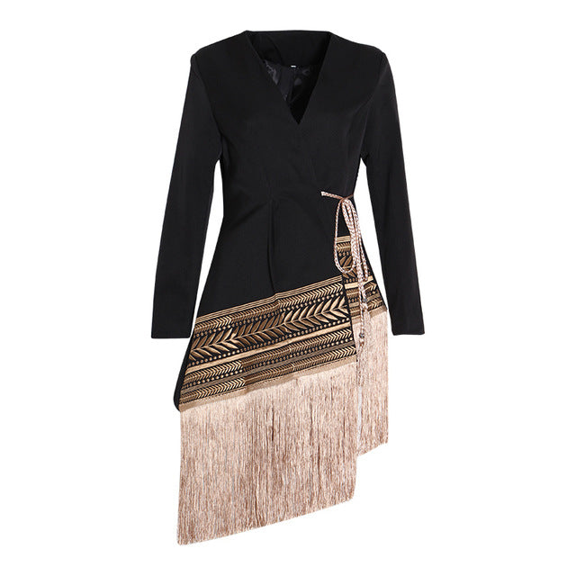 Spliced Contrast Color Tassel Belt Jacket