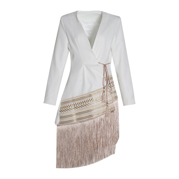 Spliced Contrast Color Tassel Belt Jacket