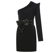 One Shoulder Long Sleeve Slim Mini Dress Gold-Studded Detail Buckle Belt