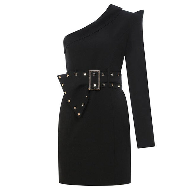 One Shoulder Long Sleeve Slim Mini Dress Gold-Studded Detail Buckle Belt