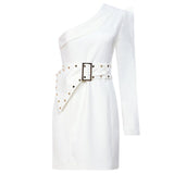 One Shoulder Long Sleeve Slim Mini Dress Gold-Studded Detail Buckle Belt