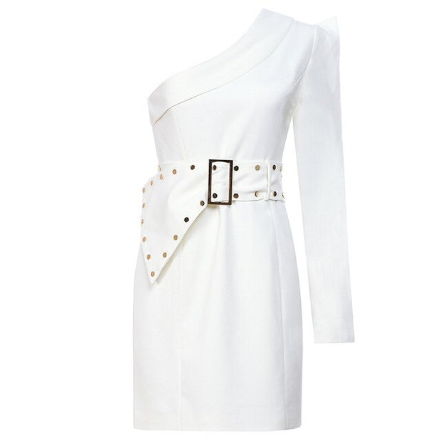 One Shoulder Long Sleeve Slim Mini Dress Gold-Studded Detail Buckle Belt