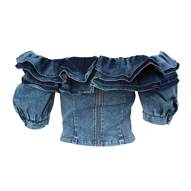 Ruffle Denim Crop Tops Female Puff Sleeve Square Collar