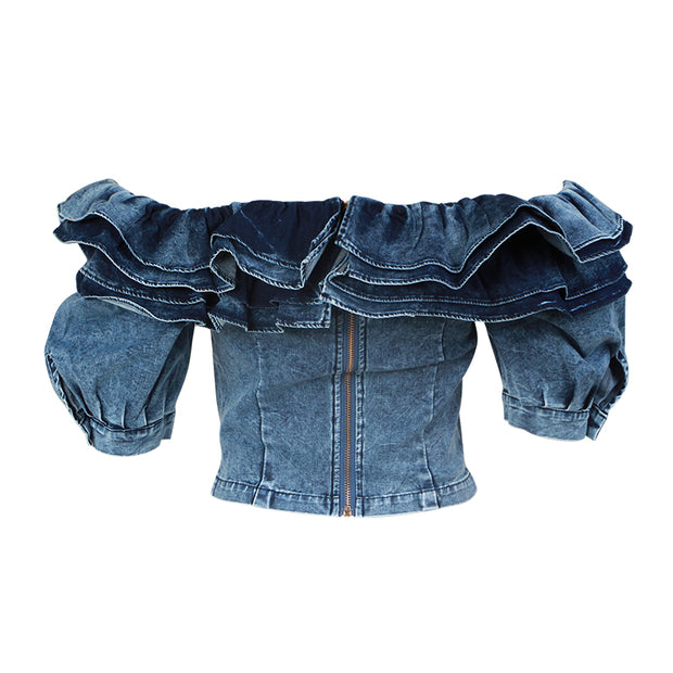 Ruffle Denim Crop Tops Female Puff Sleeve Square Collar