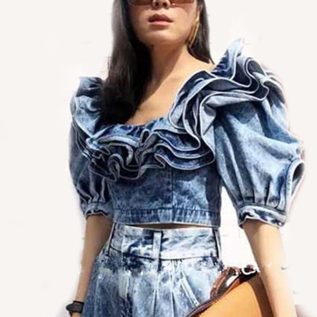 Ruffle Denim Crop Tops Female Puff Sleeve Square Collar