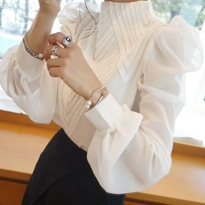 Puff Sleeve Stand Collar Chiffon Blouse