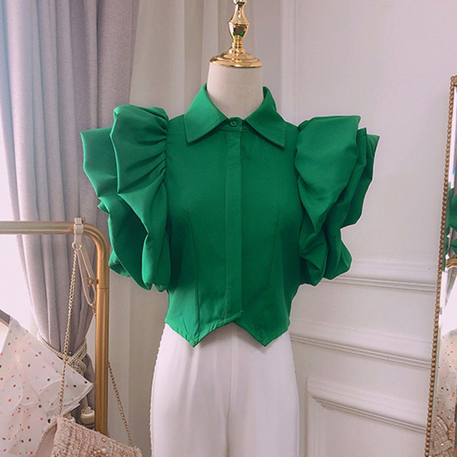 Vintage Ruffles Women Blouse Lapel Collar Butterfly