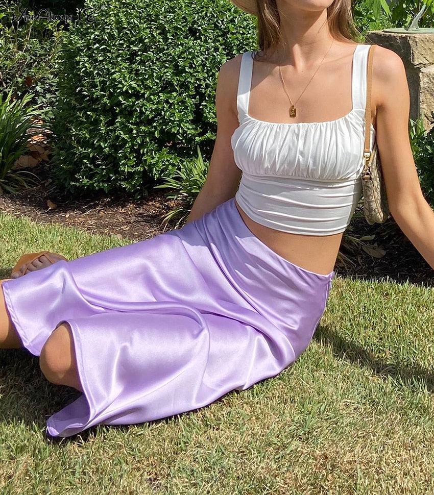 Purple Satin Silk High Waisted Skirt