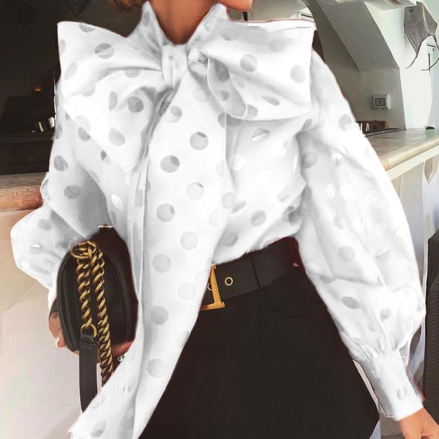 Ruched Women's Blouse Bow Collar