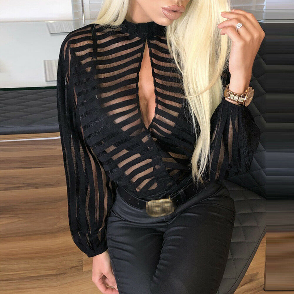 Sheer Mesh Long Puff Sleeve Blouses