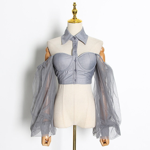 Elegant Hollow Out Women Shirt Lapel Collar Lantern Long Sleeve