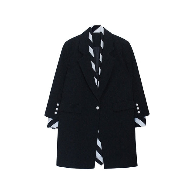 Black Striped Printed Stitch Long Blazer